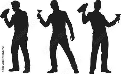 Silhouette Vector Illustration of Bartender Mixing Drinks and Holding Cocktail Glasses for Bar Service, Nightlife, and Party Theme
