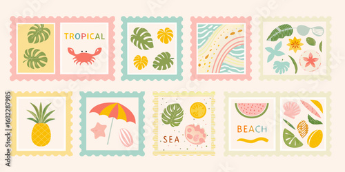 Collection of colorful tropical themed postage stamps featuring beach vacation elements and summer motifs