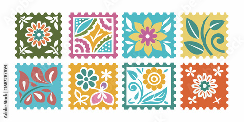 Collection of eight colorful stylized floral postage stamps with decorative perforated edges