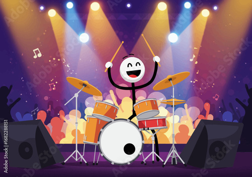 A stick figure drummer smiles on stage before a crowd amid speakers drums lights and music notes