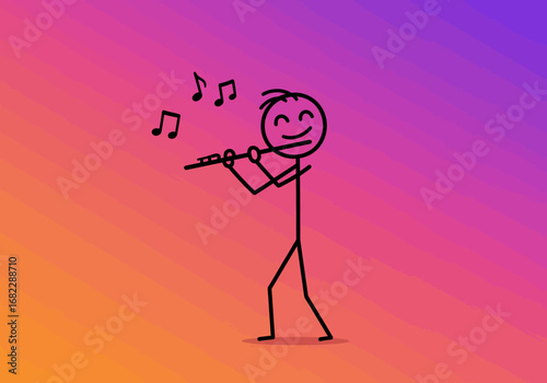 A stick figure plays a flute with music notes floating above set against a colorful gradient background