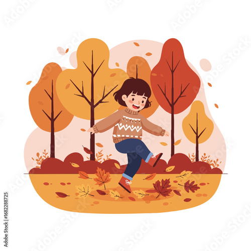 A joyful little child in a cozy sweater playfully kicks a vibrant pile of orange and red autumn leaves in a park, depicted as a charming 2D flat vector illustration.