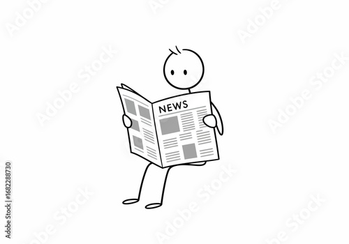 A stick figure reads the news in a newspaper with article layout