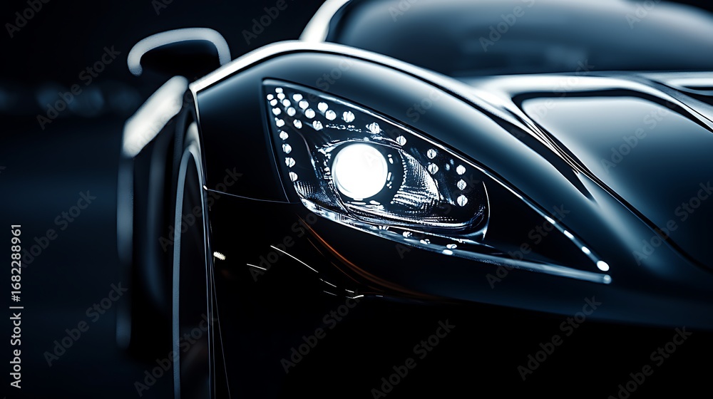 Fototapeta premium Sleek black sports car headlight with bright, modern design for luxury automotive branding