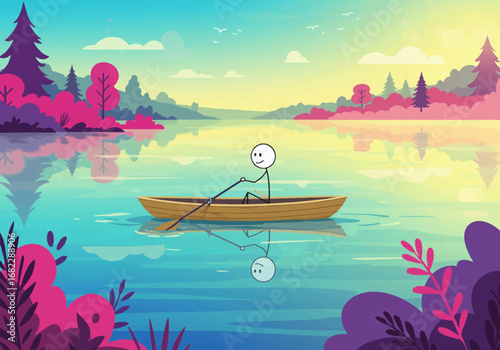 A stick figure rows a boat on a colorful lake reflected in the water under a bright sunny sky