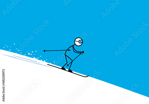 A stick figure skier wearing goggles is skiing down a white slope with a bright blue sky in the background