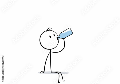 A stick figure seated drinking from a blue water bottle