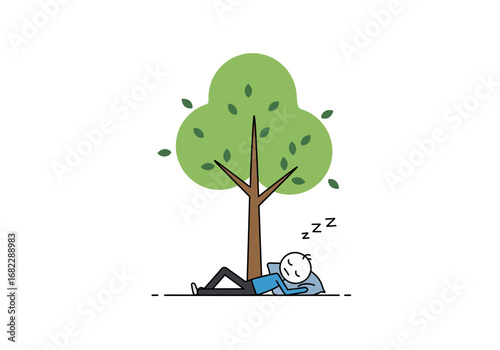 A stick figure sleeps by a tree