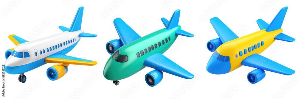 Fototapeta premium Three Colorful Toy Airplanes Against Transparent Background Illustrating Travel and Transportation