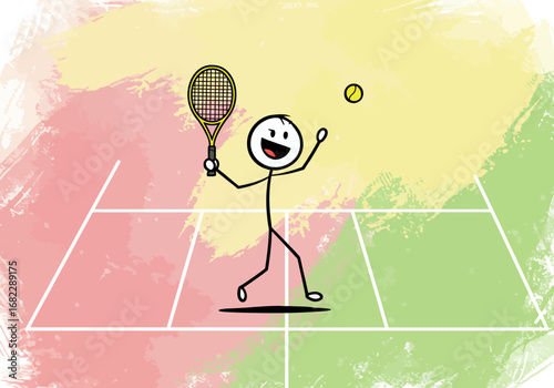 A stick figure tennis player tosses a ball on a colorful court