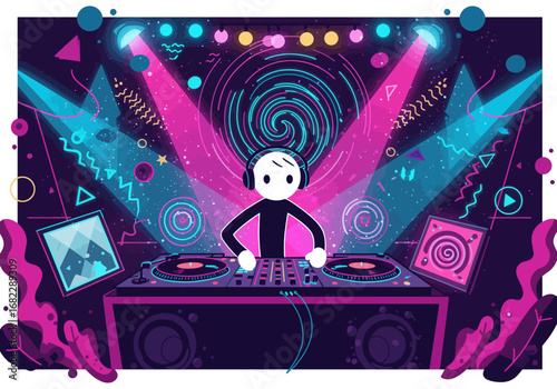 A stylized DJ with headphones mixes music at a brightly lit nightclub setup