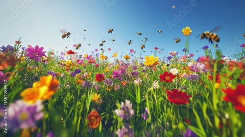 Bees flying over a vibrant wildflower meadow under a clear blue sky in the summer sunshine