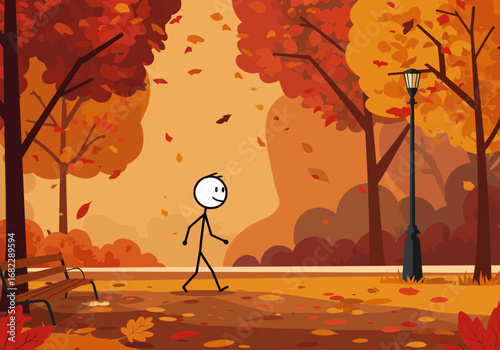 Cartoon park scene A stick figure walks past orange trees fallen leaves and a bench