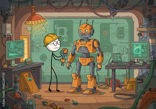 Cartoon rendering of a stick figure engineer and orange robot in cluttered workshop with computer screens and hanging wires