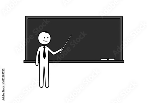Cartoon stick figure in business attire points to a chalkboard
