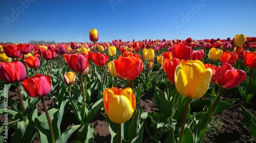 Vibrant tulip field under a clear blue sky showcasing a variety of colors and spring beauty in full bloom
