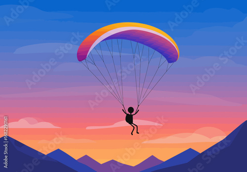 Paraglider silhouetted against a vibrant sunset over mountains clear ropes visible