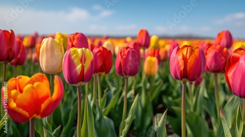 Vibrant tulip field under a clear blue sky showcasing a variety of colorful blooms in the spring sunshine