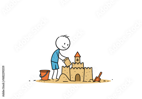 Stick figure builds a sandcastle with a bucket on a sandy beach
