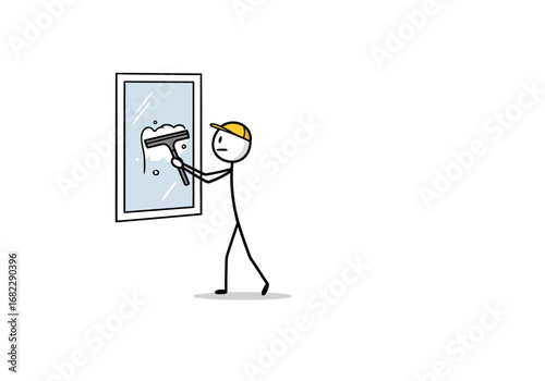 Stick figure cleaning a window with a squeegee wearing a yellow cap