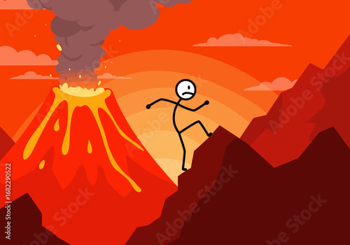 Stick figure fleeing volcano on mountain at sunset distressed expression