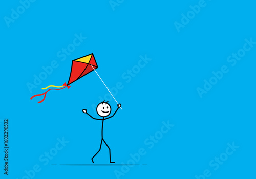Stick figure flies a red and yellow kite against a blue backdrop