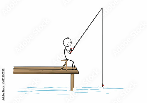 Stick figure fishing from a dock with a red bobber