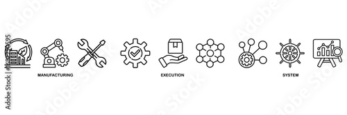 MES icon set vector illustration concept for of manufacturing execution system with icon of factory, service, automation, operation, production, distribution, management, structure, and analysis