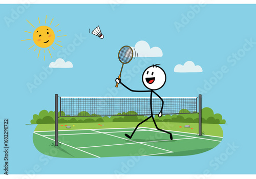 Stick figure joyfully plays badminton on a green court with sun and clouds