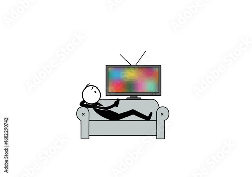 Stick figure lounging on couch watching colorful TV with rabbit ear antenna