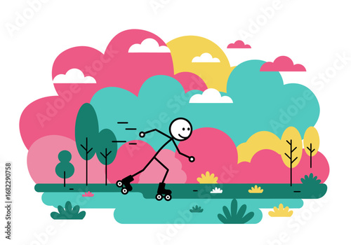 Stick figure on roller skates in a stylized park scene with colorful trees and clouds