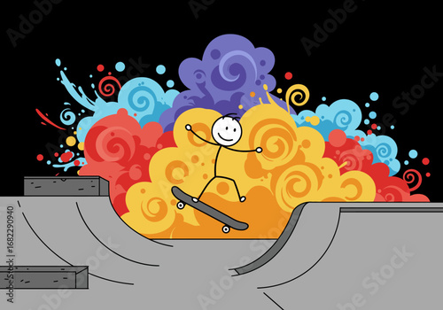 Stick figure skater jumps on a ramp amid colorful swirl clouds against a black background