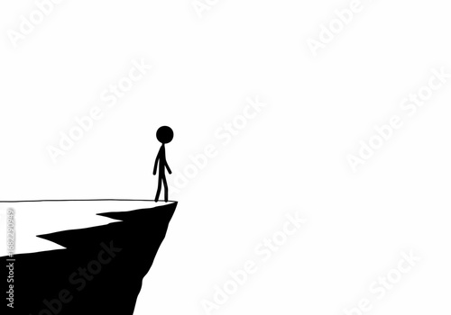 Stick figure stands on cliffs edge against stark white backdrop creating sense of isolation