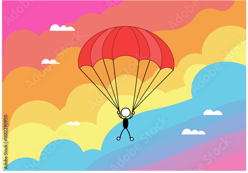 Stick figure skydiving with a red parachute against a vibrant sunset cloudscape
