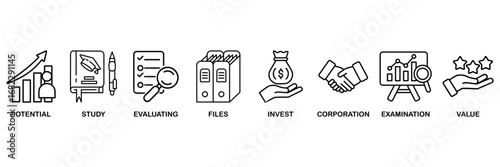 Due diligence icon set vector illustration concept for potential, study, evaluating, files, invest, corporation, examination and value