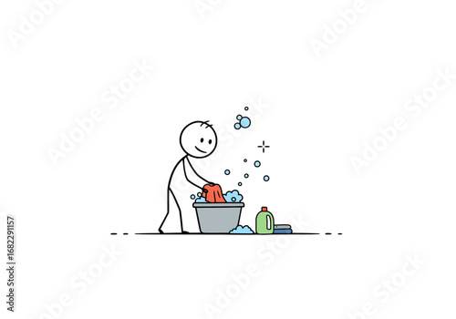 Stick figure washing clothes in a tub with bubbles and detergent
