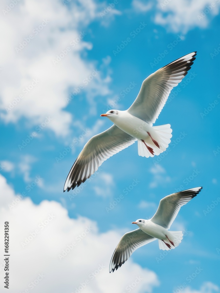 Fototapeta premium Seagulls flying over bright blue sky coastal area wildlife photography natural environment upward angle freedom concept