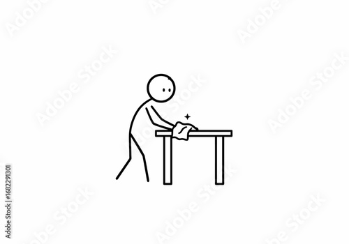 Stick figure wiping a table with a cloth A star sparkles to indicate cleanliness