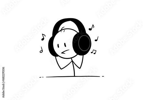 Stick figure wearing headphones with musical notes floating around standing on a line