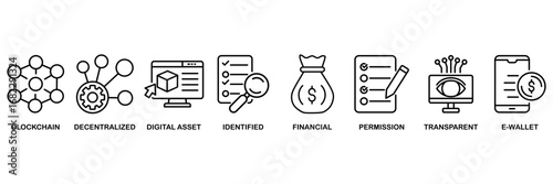 DeFi icon set vector illustration concept for blockchain, decentralized, digital asset, identified, financial, permission, transparent and e-wallet
