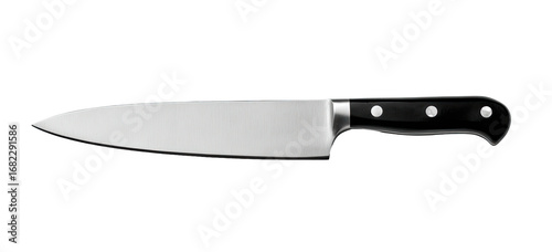 Sharp kitchen knife, stainless steel blade with a dark handle