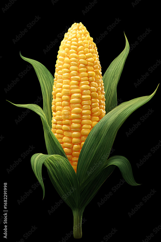 Obraz premium Fresh, ripe corn on the cob with vibrant yellow kernels and green husks against a black background