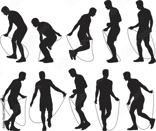 Silhouettes of Men Skipping Rope in Standing and Jumping Poses for Fitness Training, Cardio Exercise, Sport, and Health Concepts