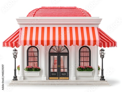Charming miniature building boasts a striped awning and flower boxes, a whical architectural delight in white.