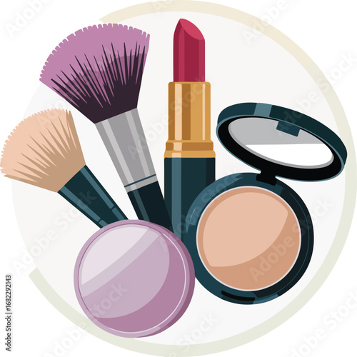 Isolated flat vector circle arrangement of colorful makeup items pastel tones