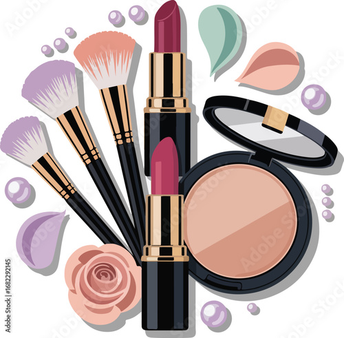 Isolated flat vector circle arrangement of colorful makeup items pastel tones