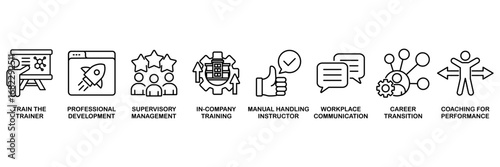Training and development icon set vector illustration concept for trainer, professional development, supervisory, trainee, instructor, coaching, career transition, and communication�