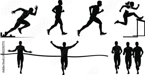Athlete silhouettes running, sprinting, hurdling, finishing race, group runners, sports activity, fitness, competition, motion, speed, male, female