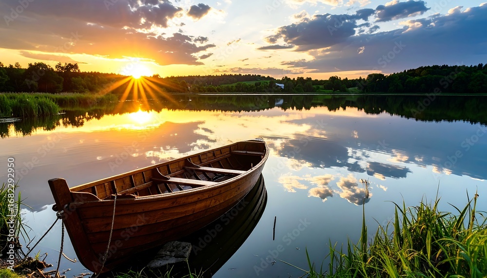 Fototapeta premium Sunset reflects lake boat