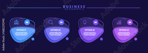 Infographic label design template featuring icons and four distinct steps. Ideal for process charts, presentation slides, workflow schemes, banners, flow diagrams, and data visualizations.